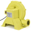 Yellow 950 W air blower pump fan with top-mounted handle, designed for inflatable bounce houses and outdoor fun.