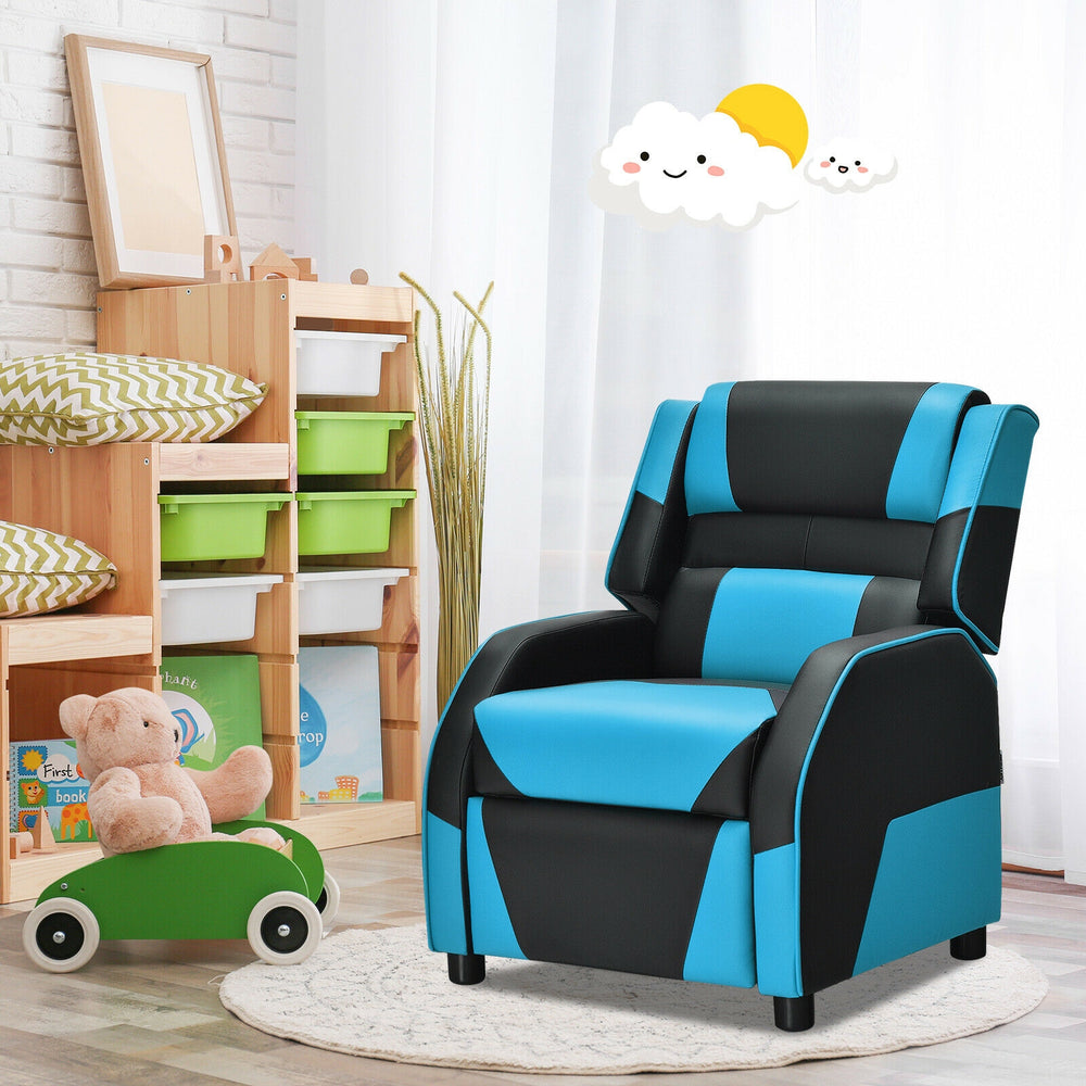 Kids Youth PU Leather Gaming Sofa Recliner with Headrest and Footrest-Blue - Gallery View 1 of 14