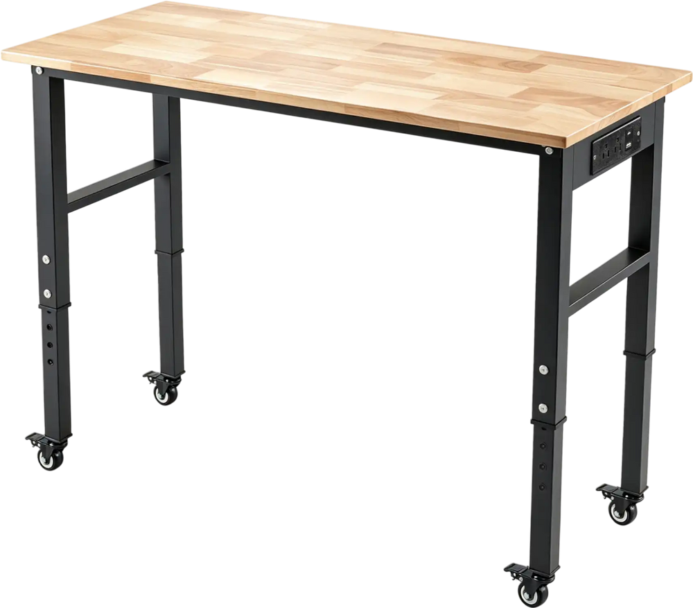 46-inch adjustable height workbench with a heavy-duty oak wood top and lockable wheels for versatile workspace use.