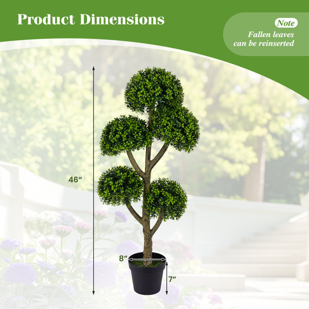 46-inch artificial boxwood topiary tree with 5 ball-shaped topiaries, ideal for indoor and outdoor decoration.