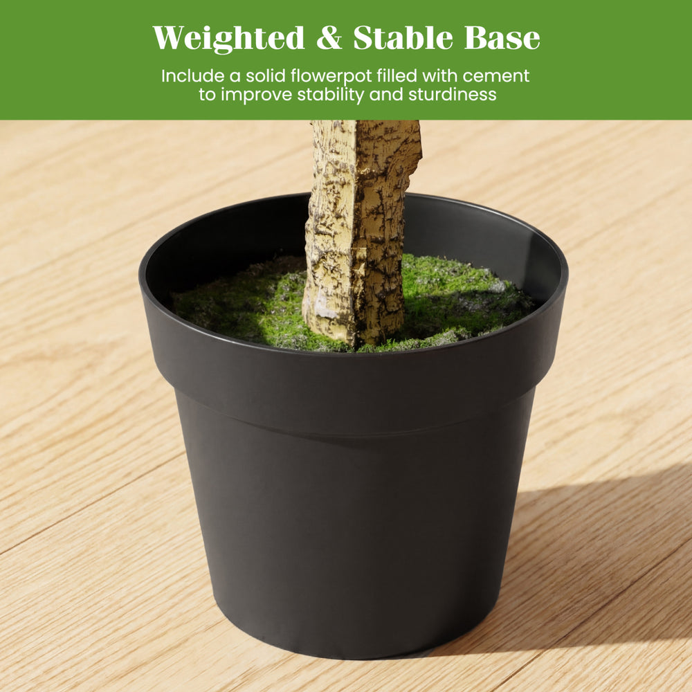 Black cement-filled flowerpot with a textured base, designed for stability and sturdiness for the artificial boxwood.