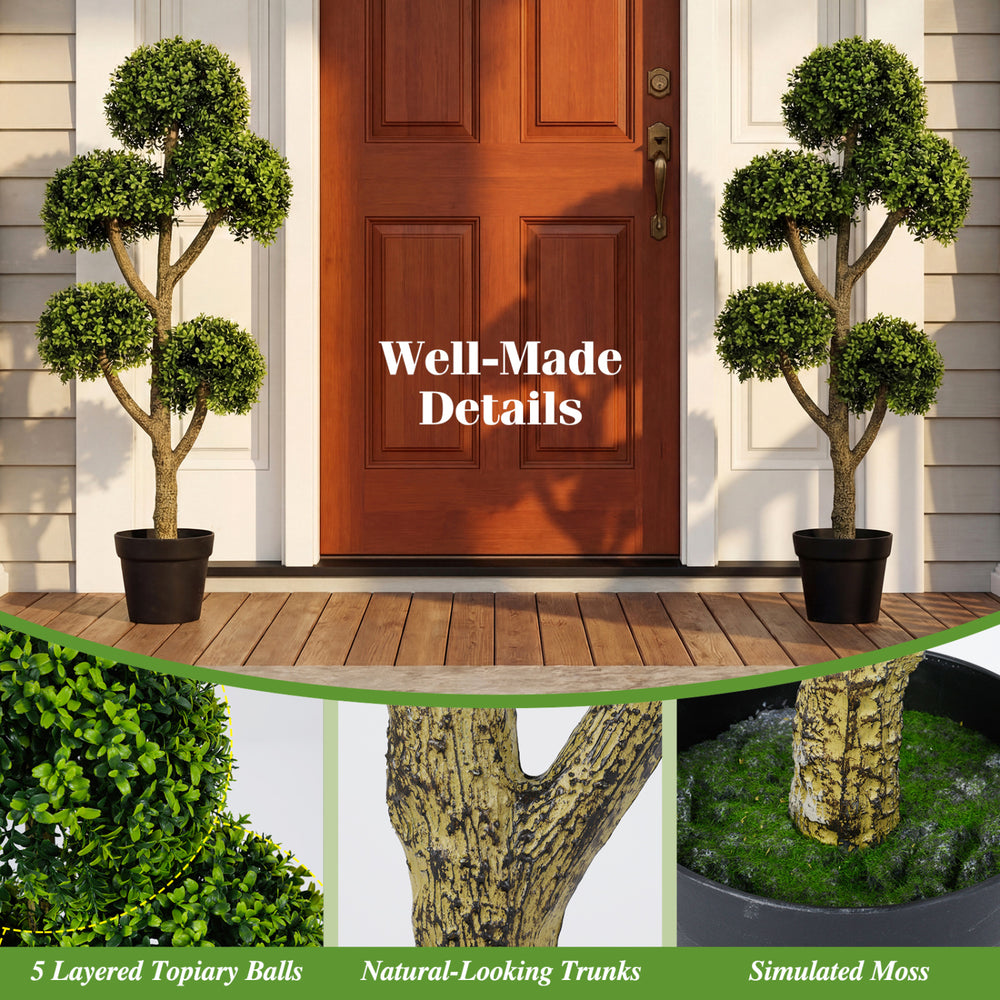 46-inch artificial boxwood topiary tree with 5 layered ball-shaped topiaries, ideal for entryways and maintenance-free.