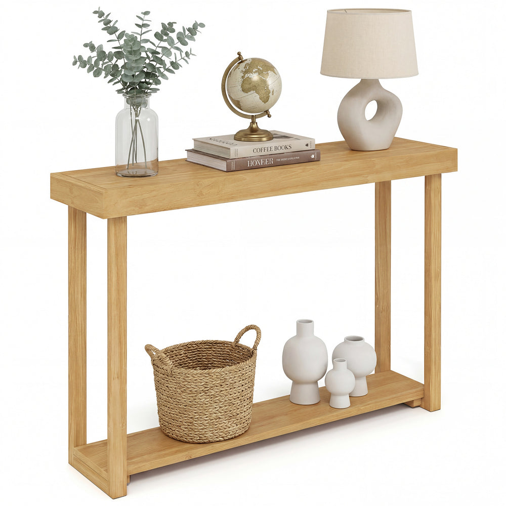 Solid wood console table with a teak finish, featuring a 2-tier design for ample storage in a farmhouse style.