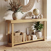 Solid wood console table with a 1" thick tabletop, featuring a rustic farmhouse design and 2-tier storage for versatile.