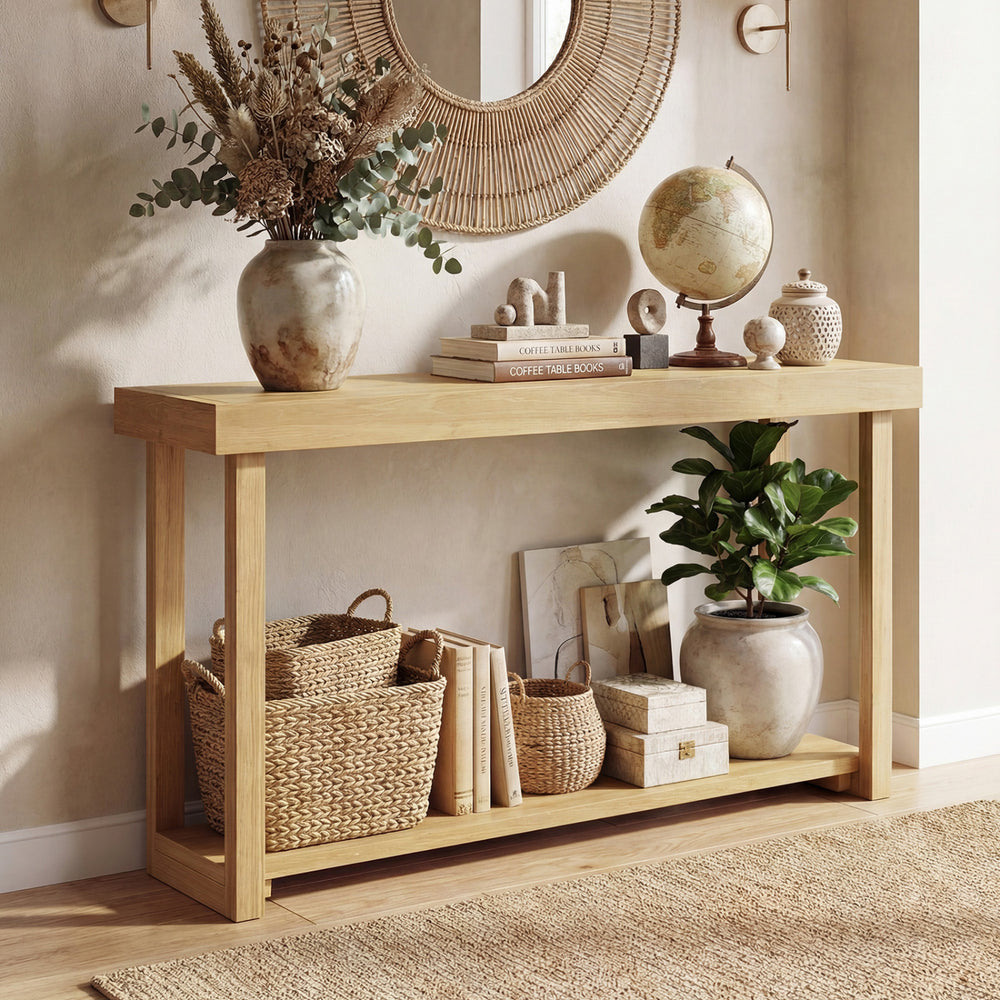Solid wood console table with a 1" thick tabletop, featuring a rustic farmhouse design and 2-tier storage for versatile.
