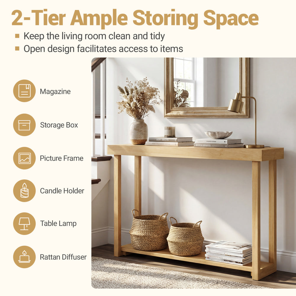 Solid wood console table with 2-tier design, teak finish, perfect for living room storage and rustic decor.