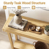 Teak wood console table with 1" thick top, 2-tier storage, and elegant grain, perfect for living room or hallway use.