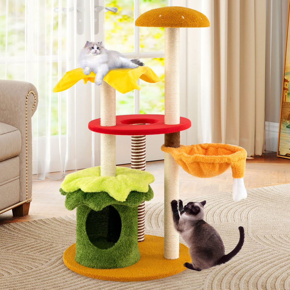 Multi-level 46-inch cat tree with padded perch, cozy basket bed, and playful hamburger design for indoor feline fun.