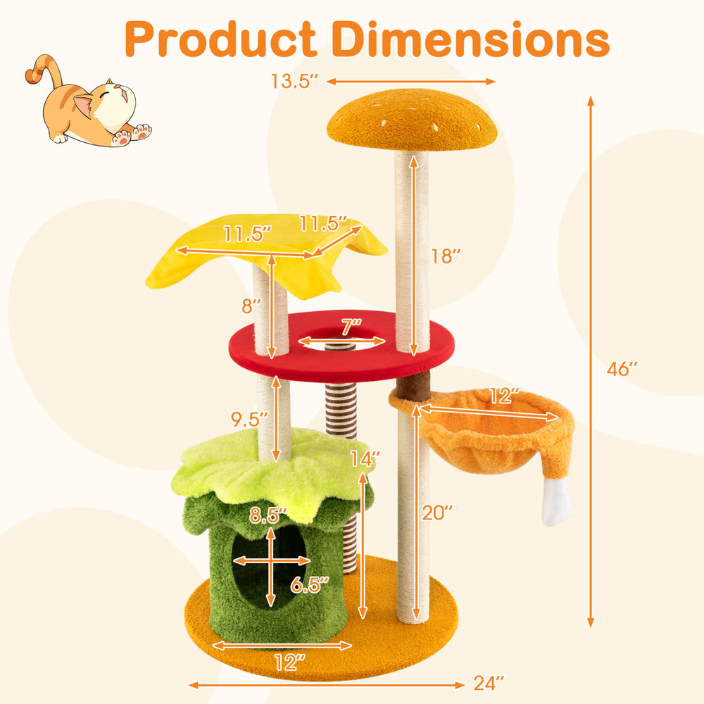 Multi-level 46-inch tall cat tree with padded perch, hanging basket bed, and vibrant flower decorations for playful.