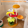Multi-level hamburger-inspired cat tree with padded perch and cozy basket bed in vibrant yellow for playful relaxation.