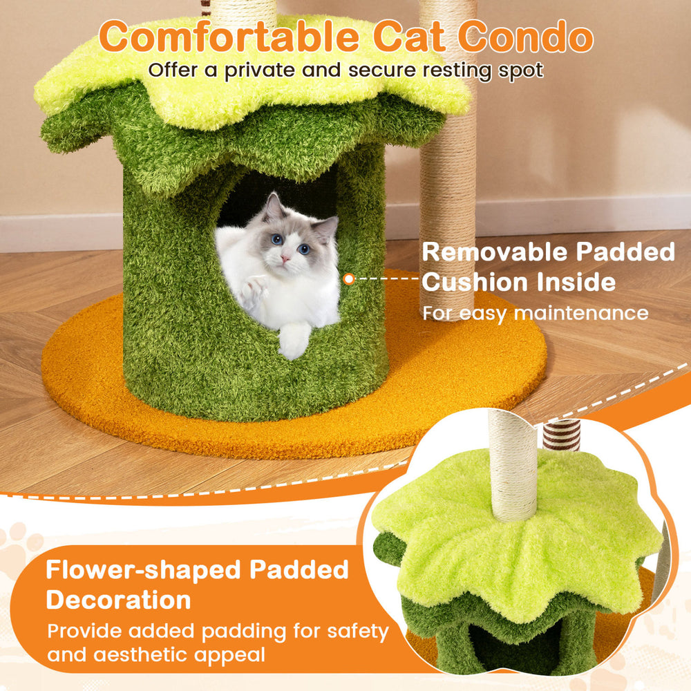 Cozy cat condo with removable padded cushion, flower-shaped decoration, and vibrant yellow design for playful napping.