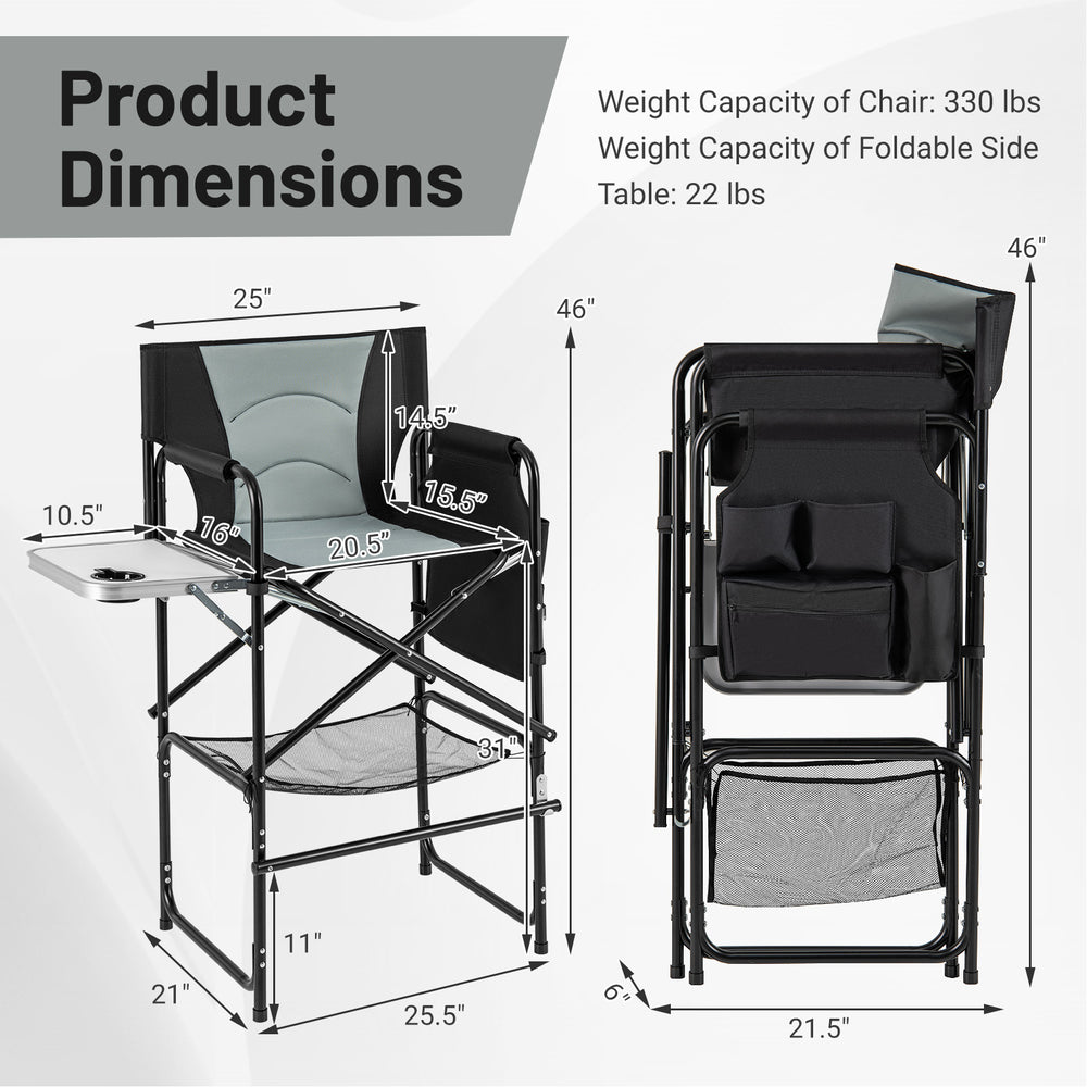 Tall gray director's chair with foldable side table, padded armrests, and footrest, perfect for camping and outdoor use.