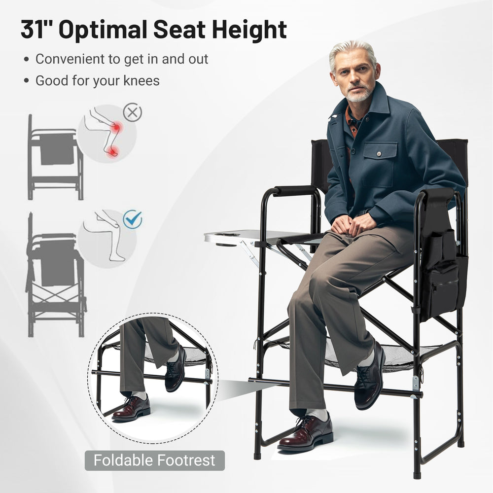 46-inch tall director's chair with foldable side table and footrest, featuring wear-resistant fabric and padded.