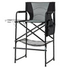 Gray 46-inch tall director's chair with foldable side table, padded armrests, and footrest for camping and outdoor use.