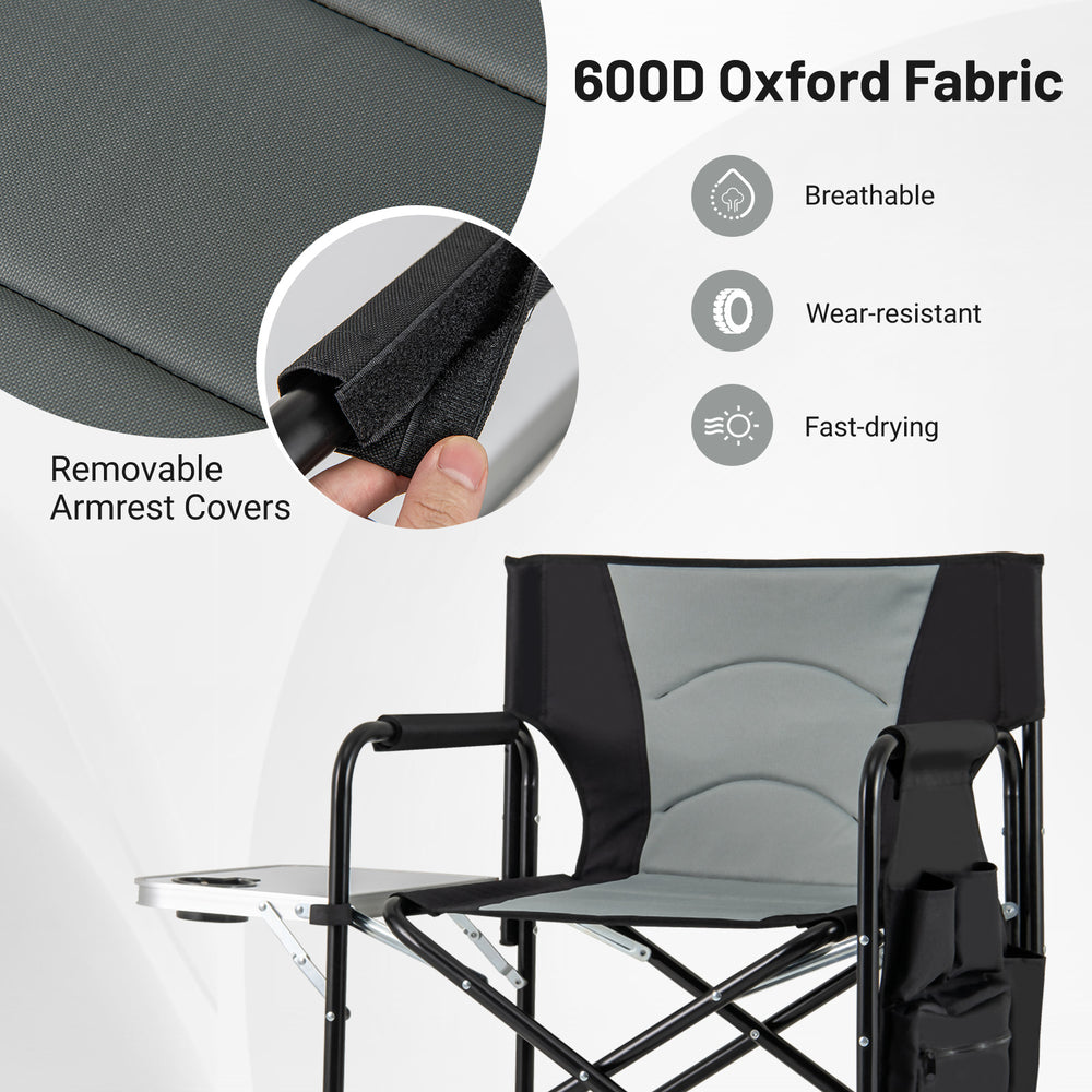 Gray 46-inch tall director's chair with foldable side table, removable armrest covers, and padded comfort for outdoor.