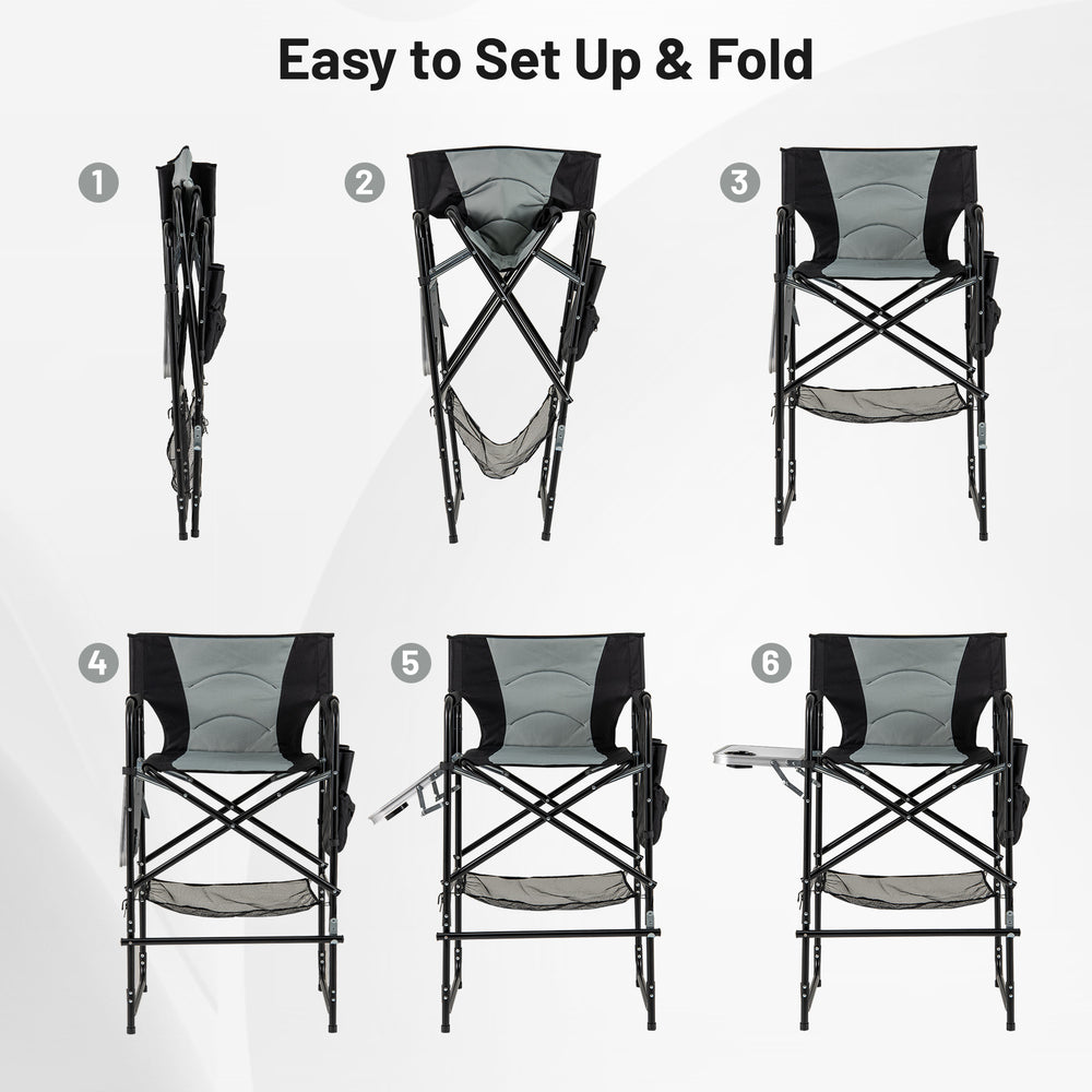 Folding process of the 46-inch tall gray director's chair with side table, footrest, and padded armrests for comfort.