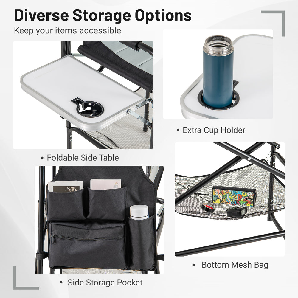 Foldable side table with cup holder and storage pockets on a gray 46-inch tall director's chair for camping and outdoor.
