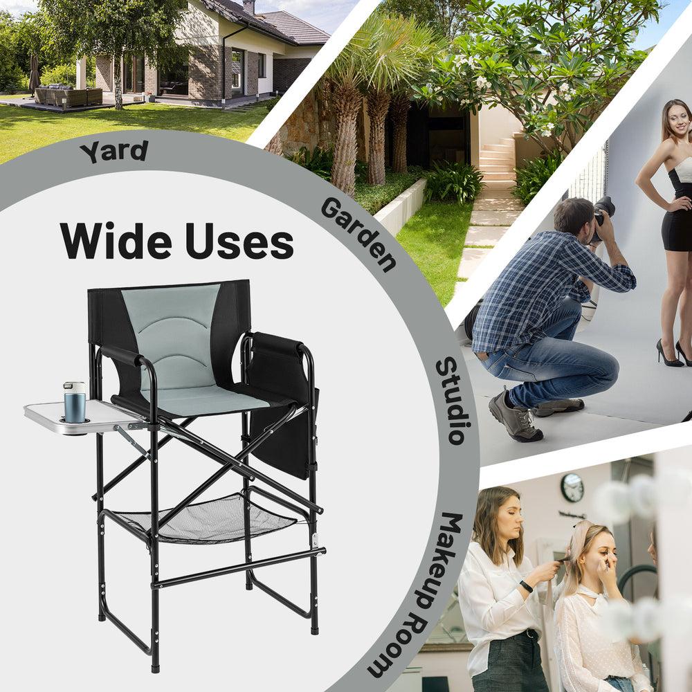 Gray 46-inch tall director's chair with foldable side table and footrest, ideal for garden, studio, or makeup room use.