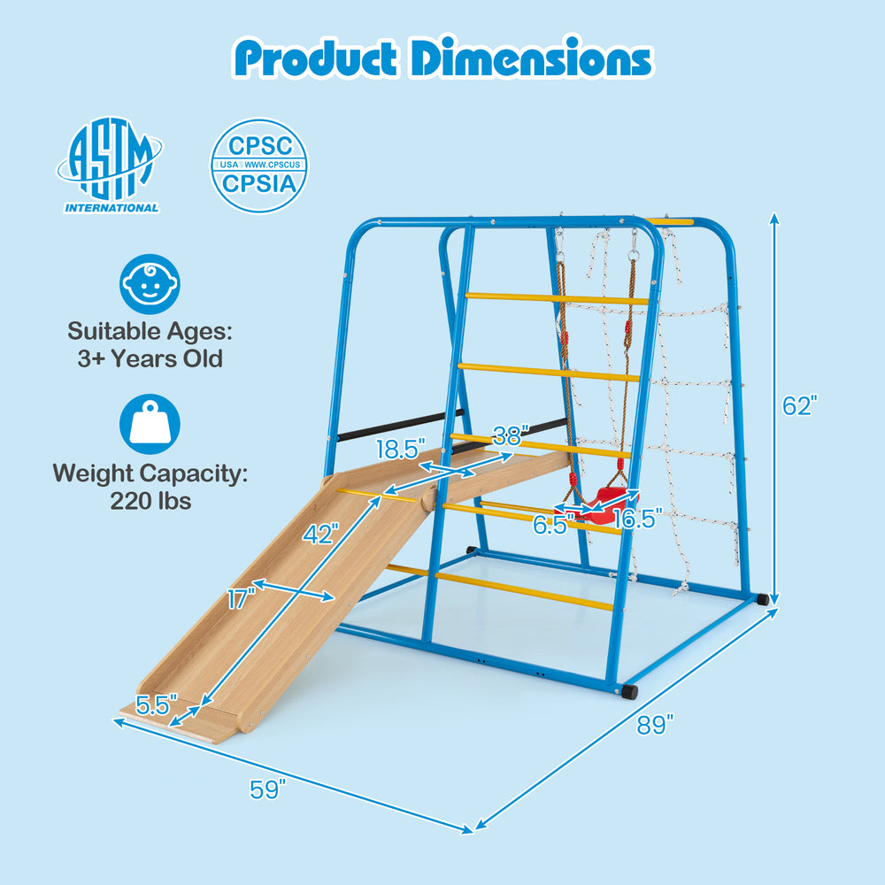 Dimensions of the 6-in-1 indoor jungle gym with slide, designed for kids 3+ years, featuring a heavy-duty metal frame.