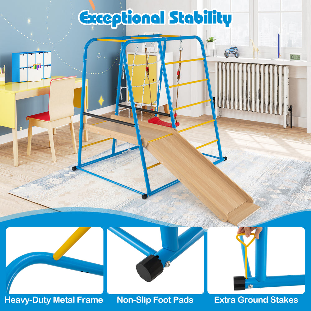 Indoor jungle gym with slide and swing, heavy-duty metal frame, non-slip foot pads, perfect for kids 3+ years old.
