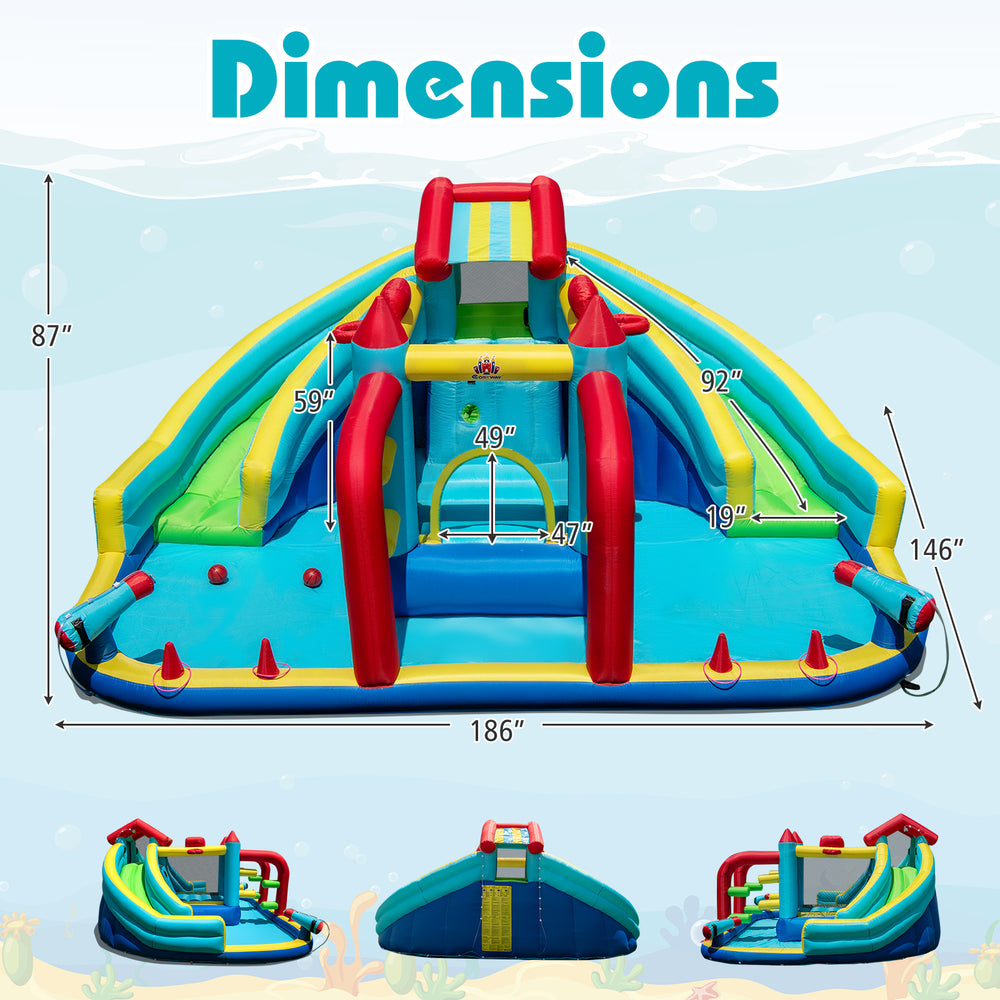 Inflatable Double Water Slide Park with obstacle course, featuring dual slides, jumping area, and vibrant colors for.