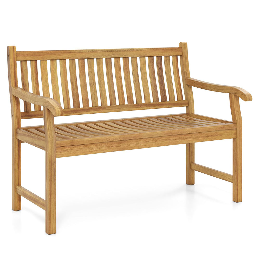 Teak wood outdoor garden bench with slatted design, ergonomic backrest, and 800 lbs capacity, ideal for patios and gardens.