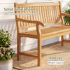 Teak wood outdoor garden bench with slatted design and 800 lbs capacity, perfect for comfortable two-person seating.