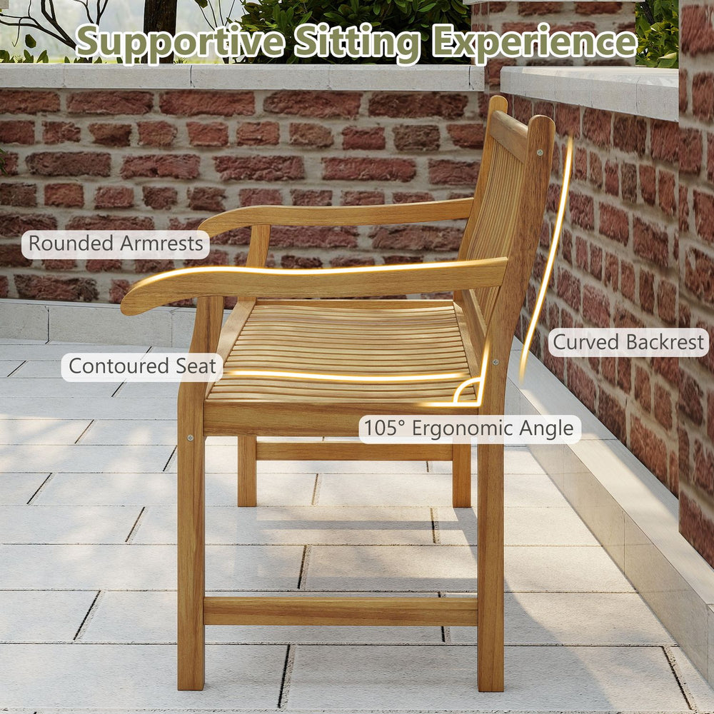 Teak wood outdoor garden bench features a curved backrest and rounded armrests for a supportive 2-person seating experience.
