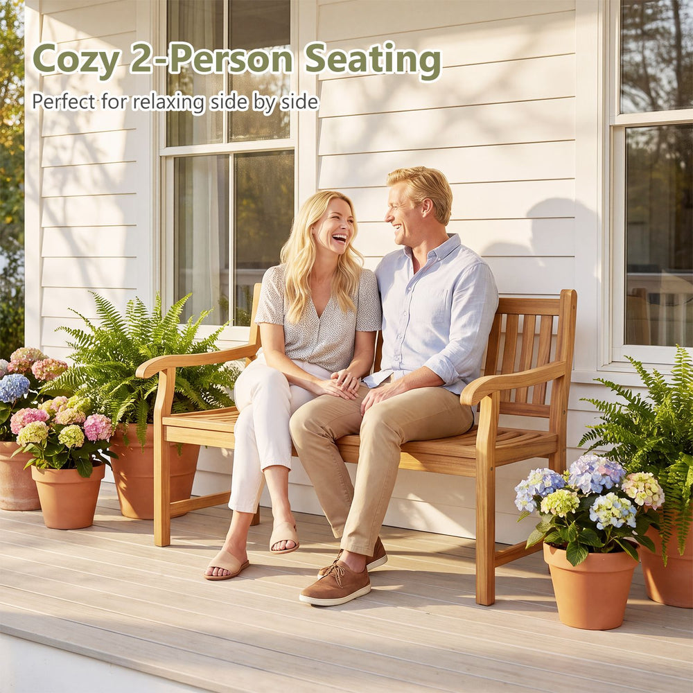 Teak wood outdoor garden bench with cozy 2-person seating, ergonomic design, and 800 lbs capacity for relaxed moments.
