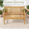Teak wood outdoor garden bench features a breathable slatted design and supports up to 800 lbs for comfortable seating.