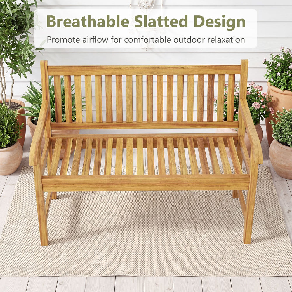 Teak wood outdoor garden bench features a breathable slatted design and supports up to 800 lbs for comfortable seating.