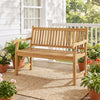 Teak wood outdoor garden bench with slatted design, ergonomic backrest, and 800 lbs capacity, ideal for patio relaxation.