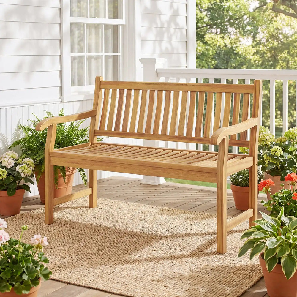Teak wood outdoor garden bench with slatted design, ergonomic backrest, and 800 lbs capacity, ideal for patio relaxation.