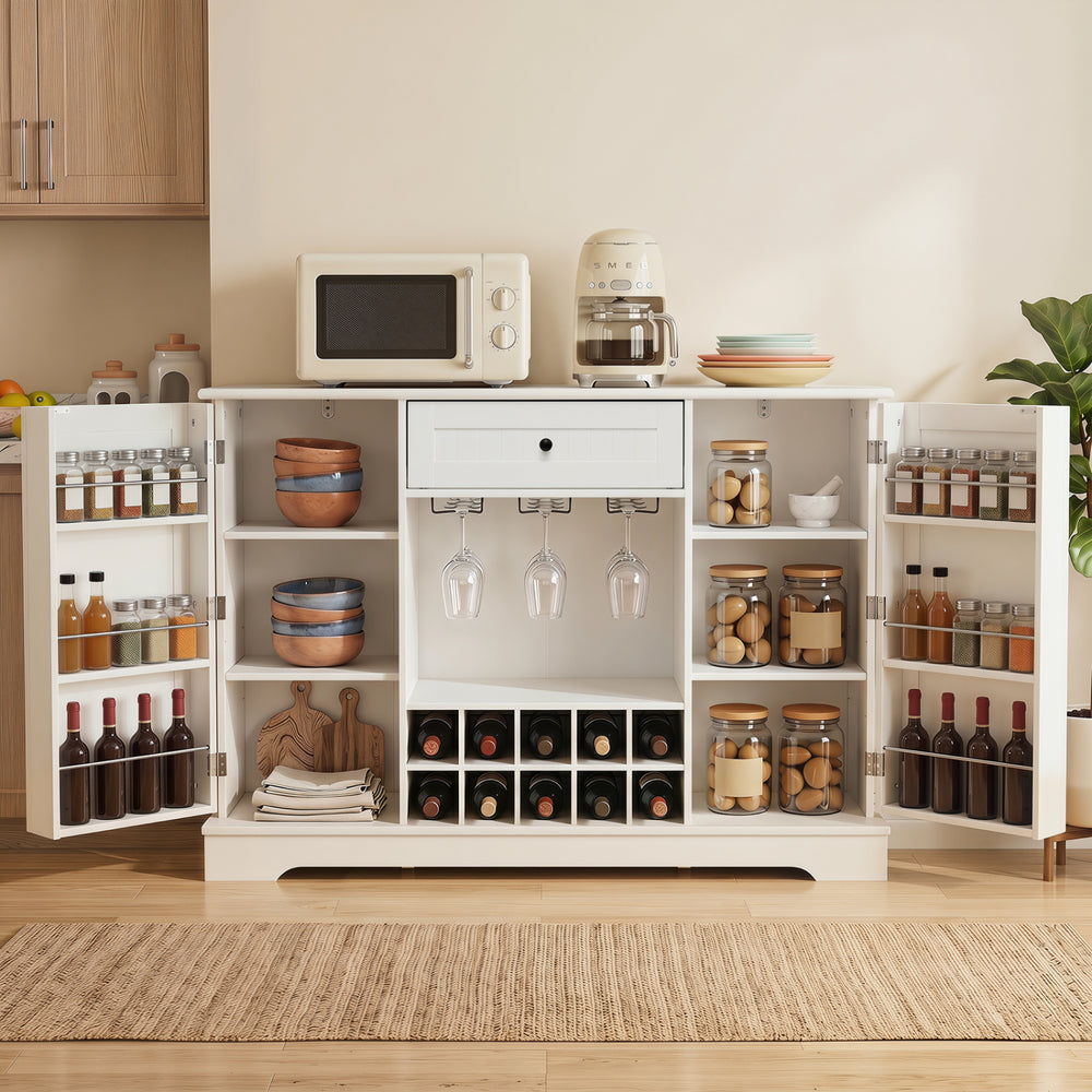 White 47.2-inch sideboard cabinet features a wine rack for 10 bottles, enclosed shelves, and a spacious tabletop for versatile storage.