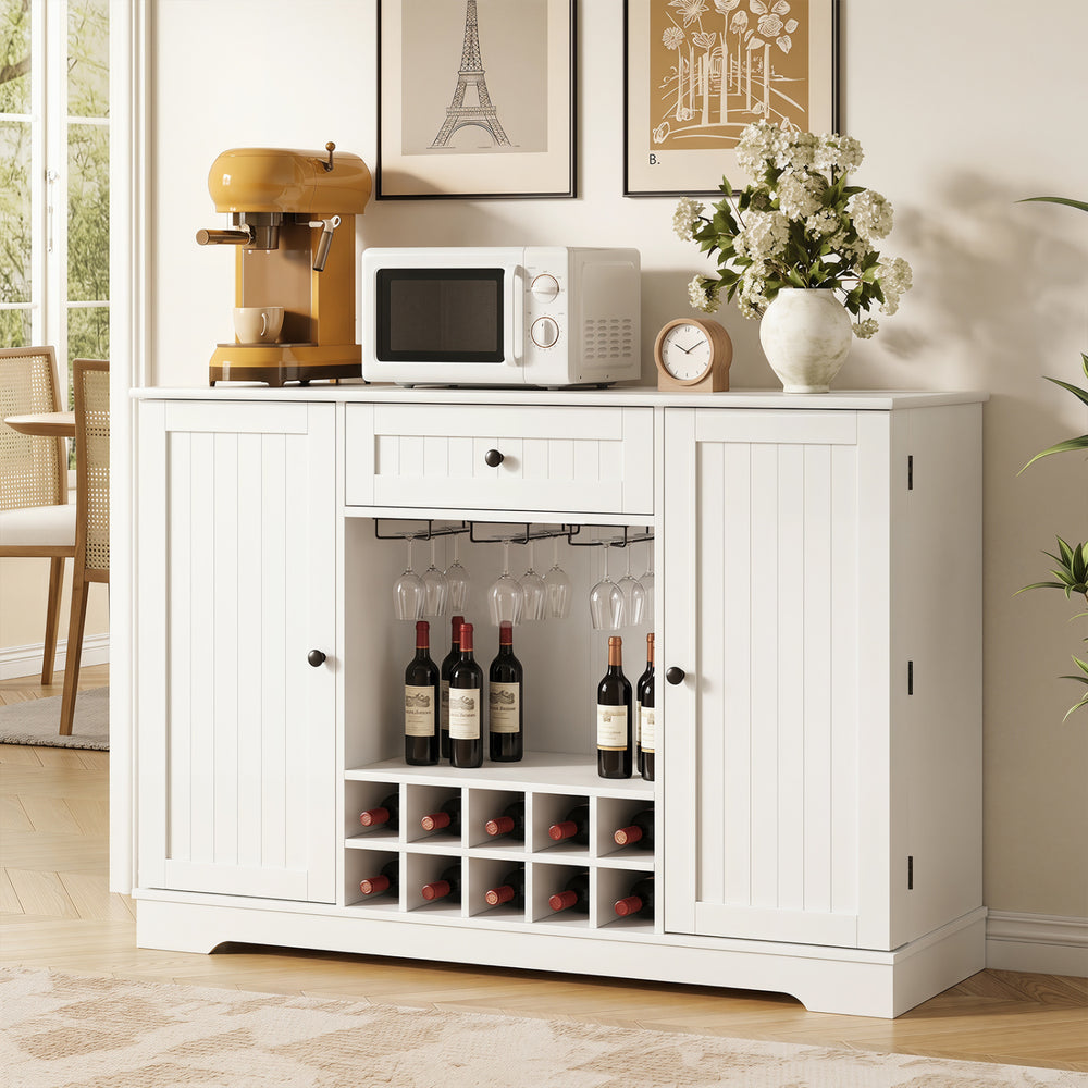White 47.2-inch sideboard cabinet features a wine rack for 10 bottles, a drawer, and adjustable shelves for versatile storage.