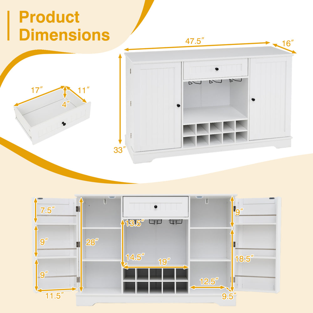 47.2-inch white sideboard cabinet features a wine rack for 10 bottles, enclosed shelves, and a spacious tabletop for versatile storage.