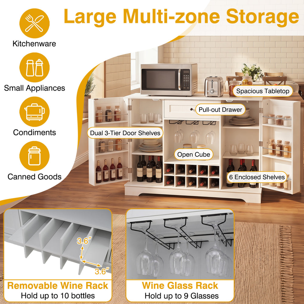 47.2-inch white sideboard cabinet featuring a spacious tabletop, 10-bottle wine rack, and multiple storage options for organization.