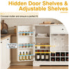 Sideboard cabinet with hidden door shelves, adjustable shelves, and a 10-bottle wine rack for versatile storage solutions.