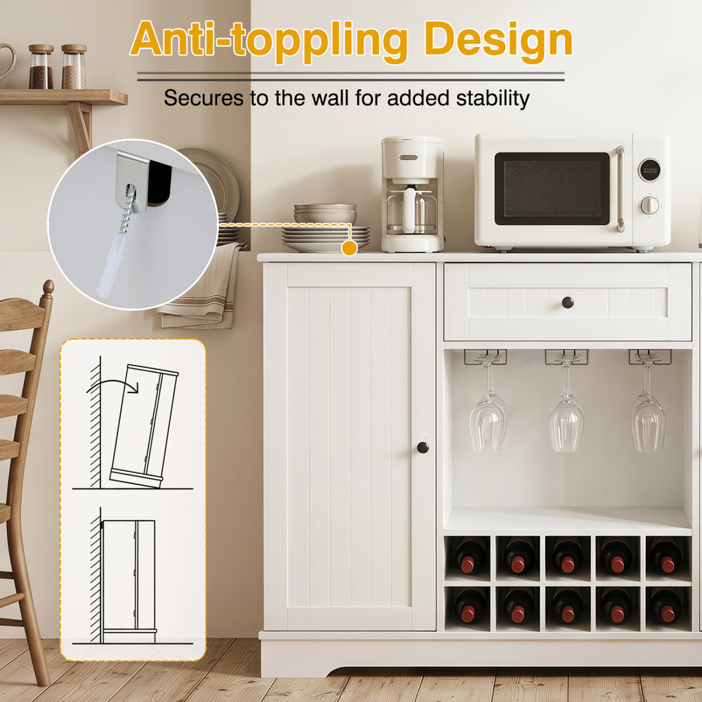 47.2-inch white sideboard cabinet with door shelves, wine rack for 10 bottles, and anti-toppling design for added stability.
