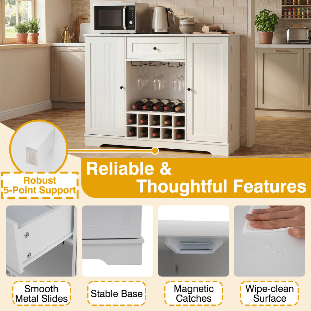White 47.2-inch sideboard cabinet with door shelves, 10-bottle wine rack, and wipe-clean surface for versatile storage.