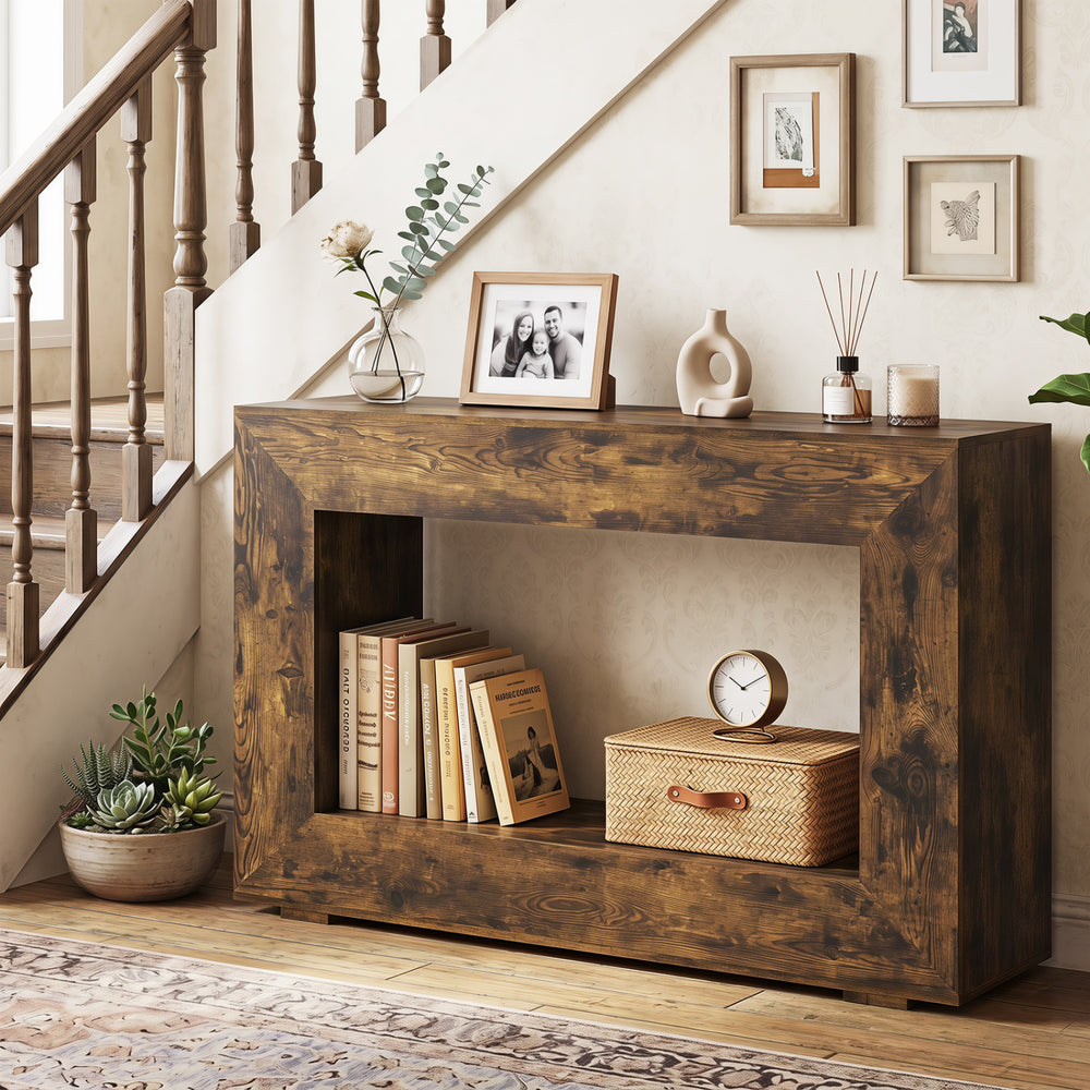 Rustic brown 47" 2-tier console table with an open storage shelf, providing ample space for decorative items and plants.