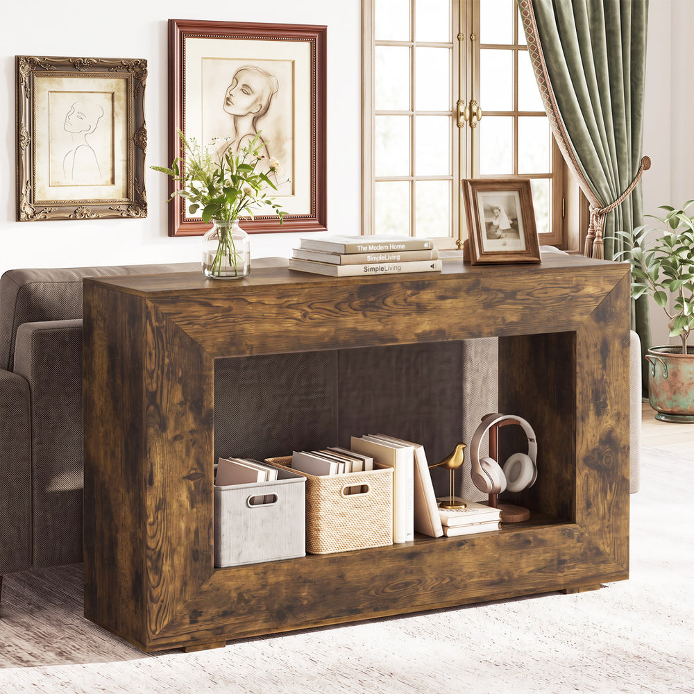 Rustic brown 47" two-tier console table with an open storage shelf, perfect for organizing books and decorative items.