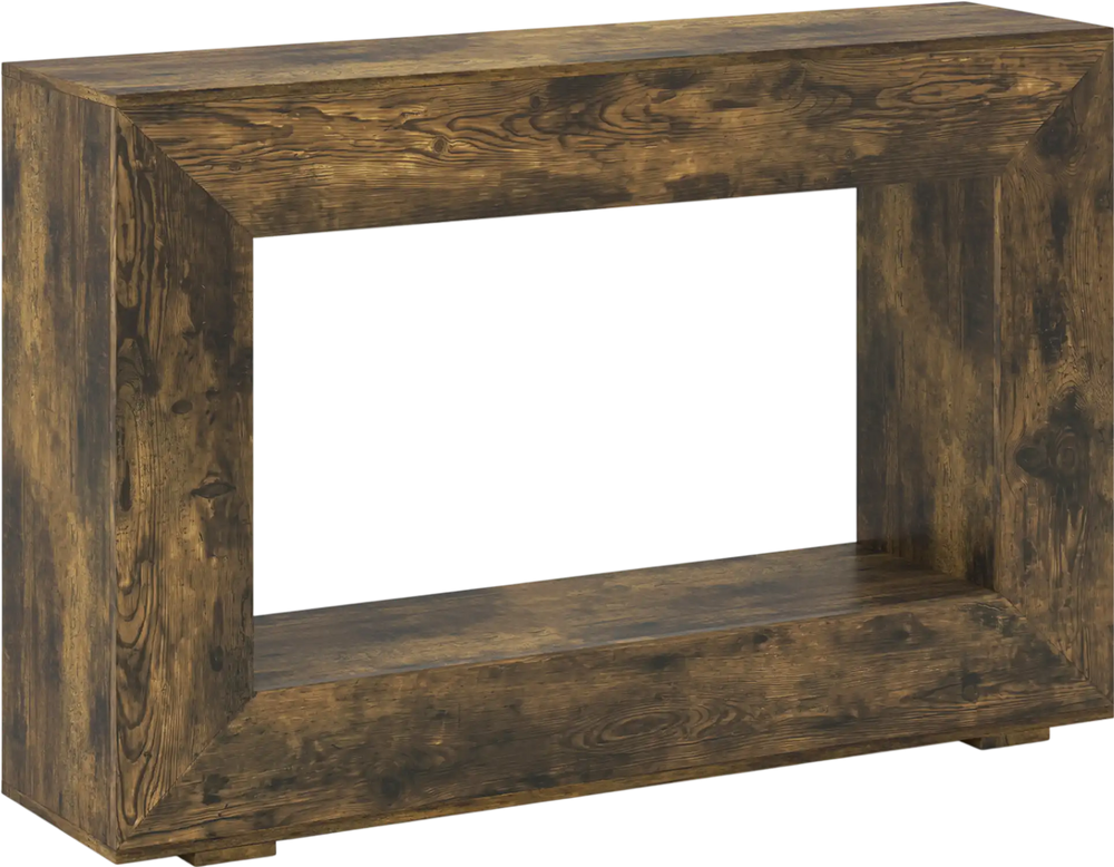 Rustic brown 47" console table with open storage shelf, featuring a unique geometric design for stylish living room decor.