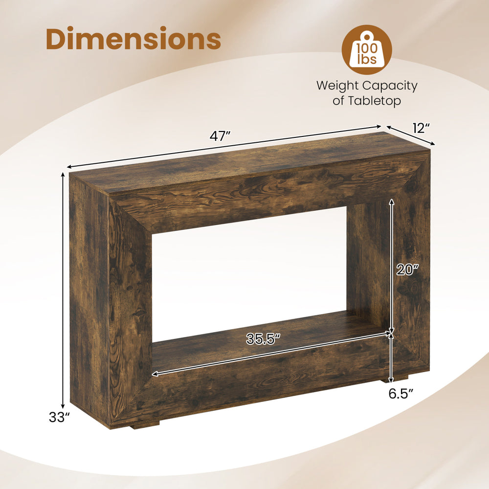 47" rustic brown 2-tier farmhouse console table with open storage shelf, ideal for small living room spaces.