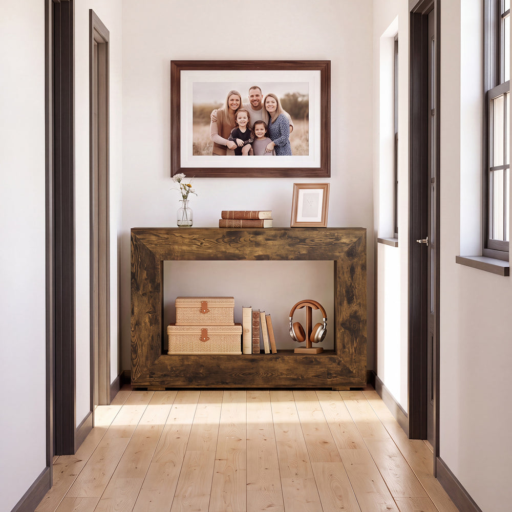 Rustic brown 47" 2-tier farmhouse console table with open storage shelf, ideal for small living room spaces.