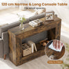 Narrow 47" rustic brown console table with open storage shelf, ideal for small spaces and easy to clean.