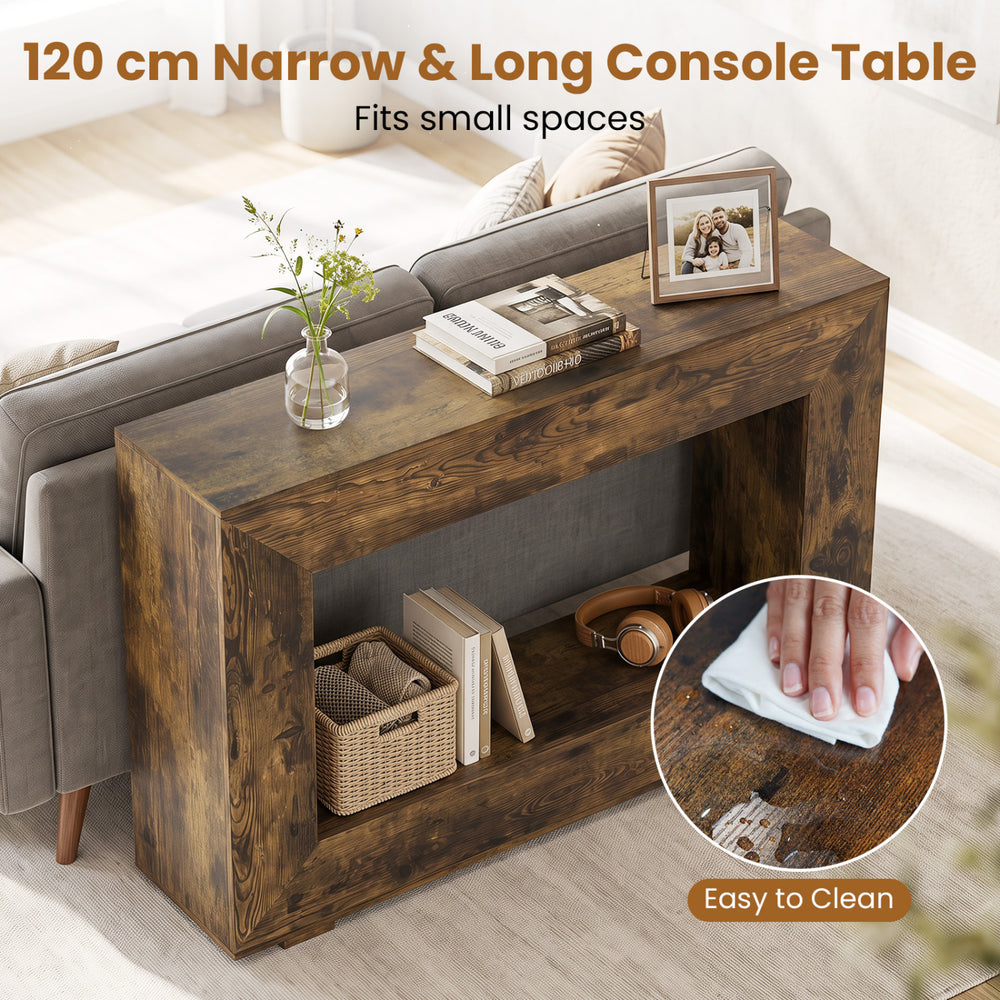 Narrow 47" rustic brown console table with open storage shelf, ideal for small spaces and easy to clean.