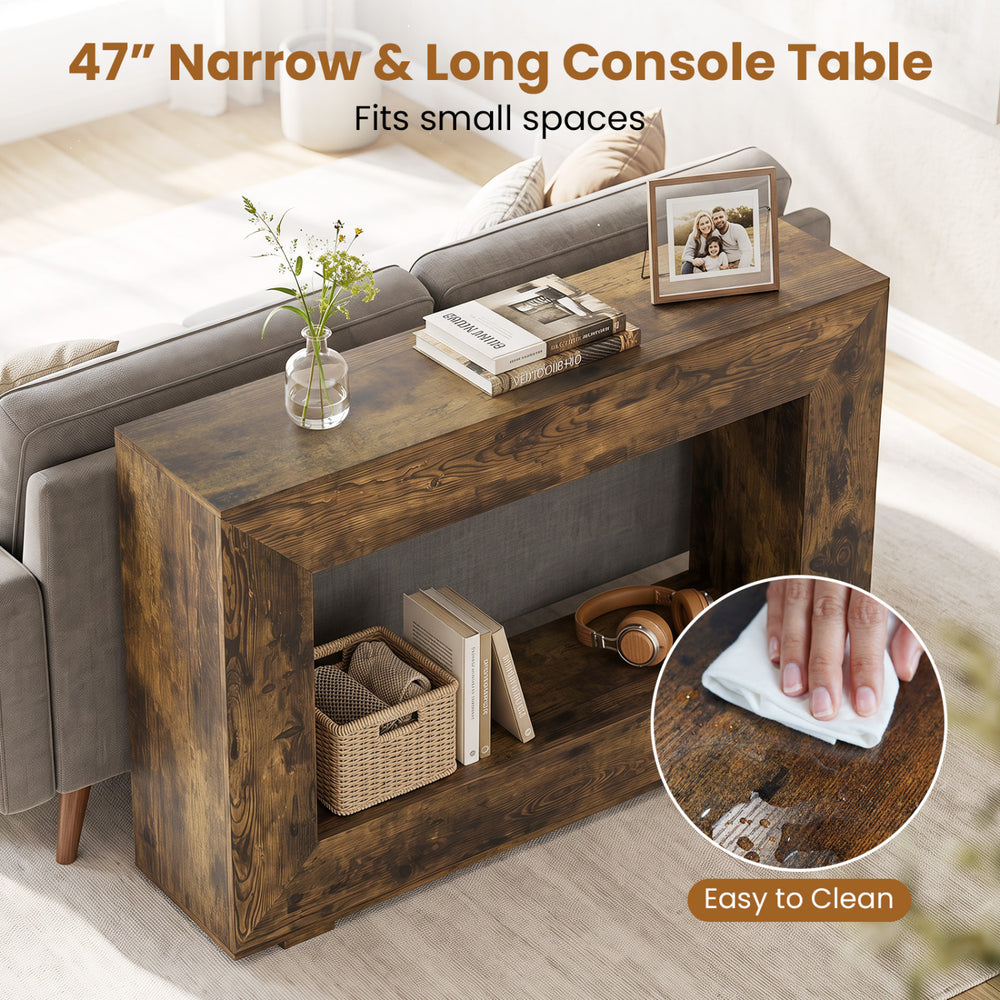 47" rustic brown 2-tier console table with open storage shelf, perfect for small spaces and easy to clean.