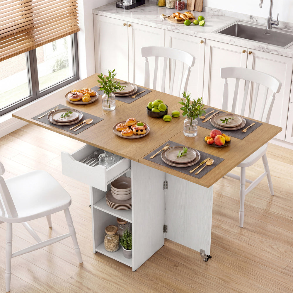 47.5 Inch Farmhouse Extendable Wooden Dinner Table with Lockable Wheels-White - Gallery View 1 of 9
