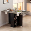 Extendable 47.5-inch wooden dinner table with drop leaves, lockable wheels, and organized storage for versatile use.